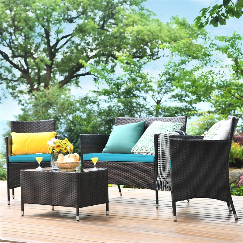 4PCS Patio Rattan Conversation Furniture Set with Cushions & Tempered Glass Coffee Table, Outdoor Rattan Sofa Set for Garden Lawn Poolside