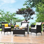 4PCS Patio Rattan Conversation Furniture Set with Cushions & Tempered Glass Coffee Table, Outdoor Rattan Sofa Set for Garden Lawn Poolside