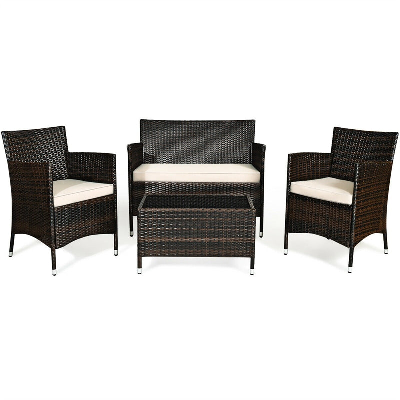 4 Pcs Rattan Patio Conversation Set Wicker Outdoor Furniture Set with Cushions & Coffee Table