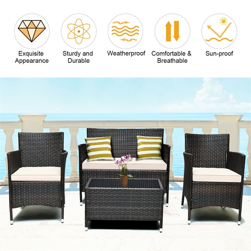 4 Pcs Rattan Patio Conversation Set Wicker Outdoor Furniture Set with Cushions & Coffee Table