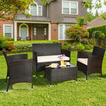 4 Pcs Rattan Patio Conversation Set Wicker Outdoor Furniture Set with Cushions & Coffee Table