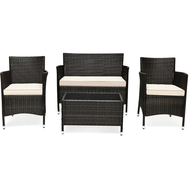 4PCS Patio Rattan Conversation Furniture Set with Cushions & Tempered Glass Coffee Table, Outdoor Rattan Sofa Set for Garden Lawn Poolside