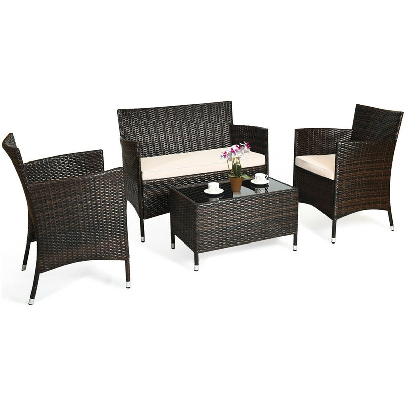 4PCS Patio Rattan Conversation Furniture Set with Cushions & Tempered Glass Coffee Table, Outdoor Rattan Sofa Set for Garden Lawn Poolside