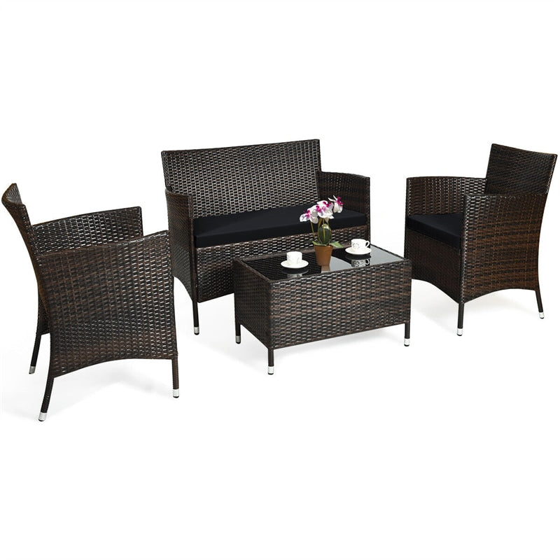 4PCS Patio Rattan Conversation Furniture Set with Cushions & Tempered Glass Coffee Table, Outdoor Rattan Sofa Set for Garden Lawn Poolside