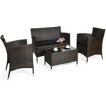 4PCS Patio Rattan Conversation Furniture Set with Cushions & Tempered Glass Coffee Table, Outdoor Rattan Sofa Set for Garden Lawn Poolside