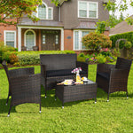 4PCS Patio Rattan Conversation Furniture Set with Cushions & Tempered Glass Coffee Table, Outdoor Rattan Sofa Set for Garden Lawn Poolside