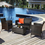 4PCS Patio Rattan Conversation Furniture Set with Cushions & Tempered Glass Coffee Table, Outdoor Rattan Sofa Set for Garden Lawn Poolside