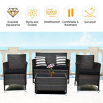 4PCS Patio Rattan Conversation Furniture Set with Cushions & Tempered Glass Coffee Table, Outdoor Rattan Sofa Set for Garden Lawn Poolside