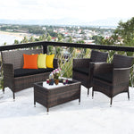 4 Pcs Rattan Patio Conversation Set Wicker Outdoor Furniture Set with Cushions & Coffee Table