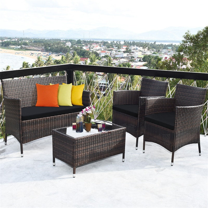 4PCS Patio Rattan Conversation Furniture Set with Cushions & Tempered Glass Coffee Table, Outdoor Rattan Sofa Set for Garden Lawn Poolside