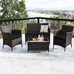 4PCS Patio Rattan Conversation Furniture Set with Cushions & Tempered Glass Coffee Table, Outdoor Rattan Sofa Set for Garden Lawn Poolside