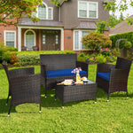 4PCS Patio Rattan Conversation Furniture Set with Cushions & Tempered Glass Coffee Table, Outdoor Rattan Sofa Set for Garden Lawn Poolside