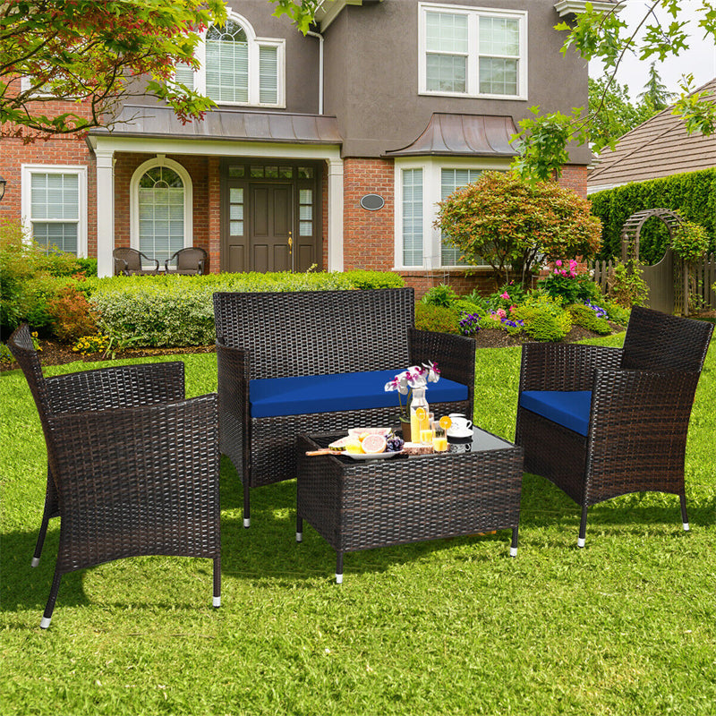 4 Pcs Rattan Patio Conversation Set Wicker Outdoor Furniture Set with Cushions & Coffee Table