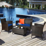 4 Pcs Rattan Patio Conversation Set Wicker Outdoor Furniture Set with Cushions & Coffee Table