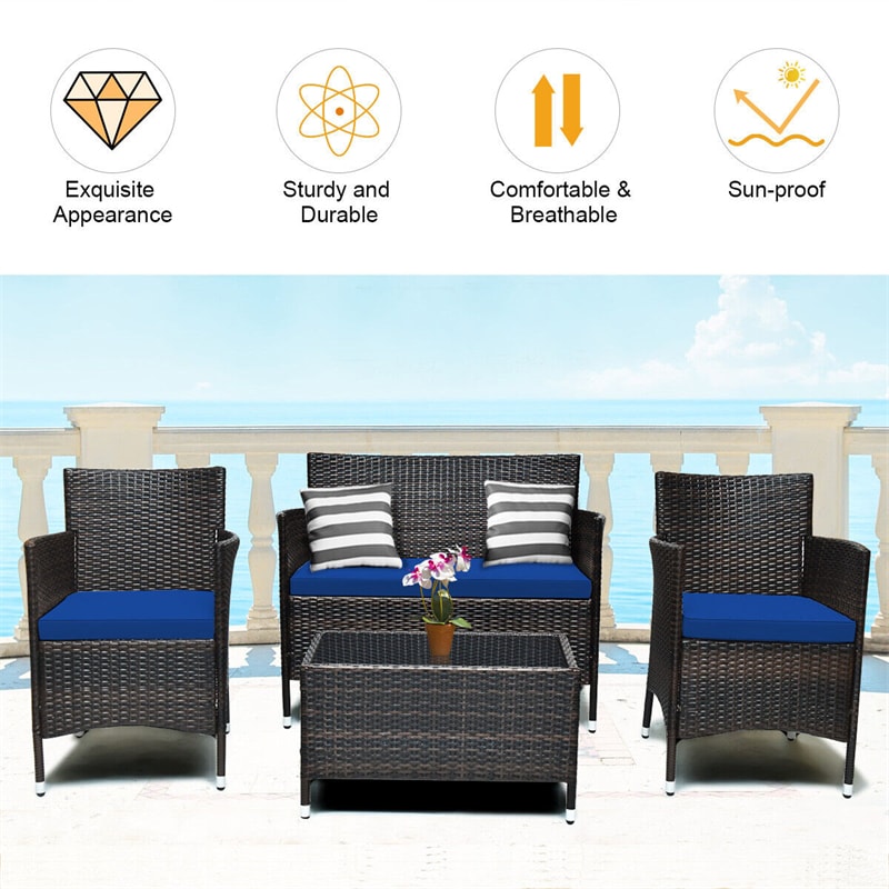 4PCS Patio Rattan Conversation Furniture Set with Cushions & Tempered Glass Coffee Table, Outdoor Rattan Sofa Set for Garden Lawn Poolside