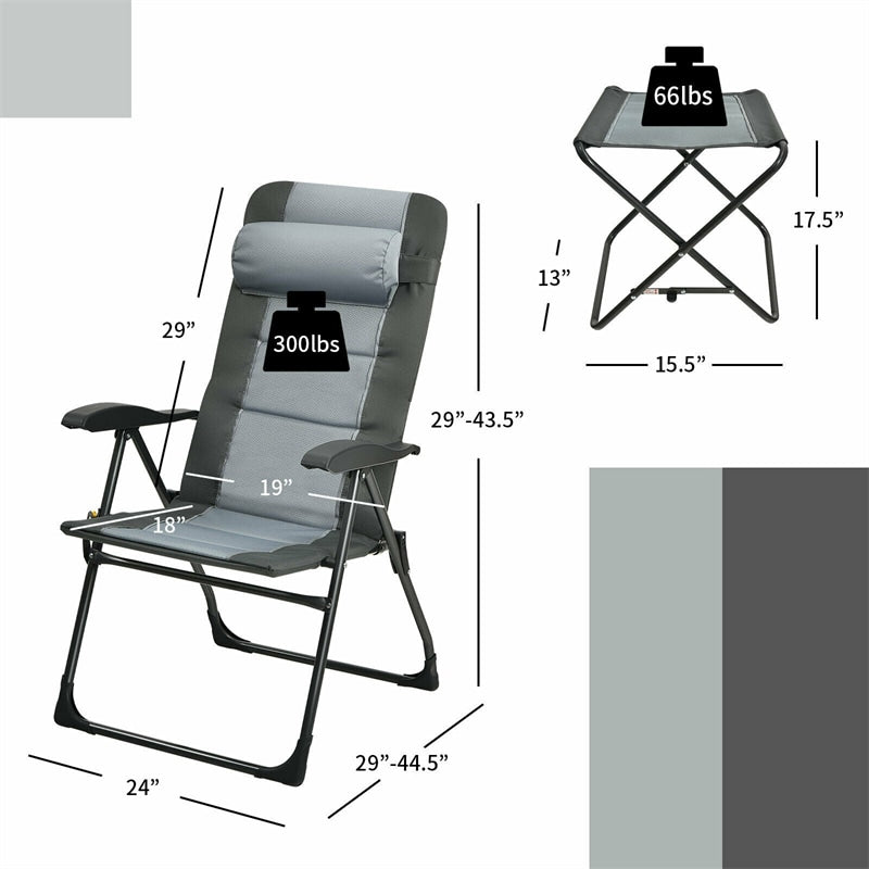 4 Pcs Folding Patio Chair Footstools Set Reclining Outdoor Chair with 7-Position Adjustable Backrest Headrest Mesh Bag