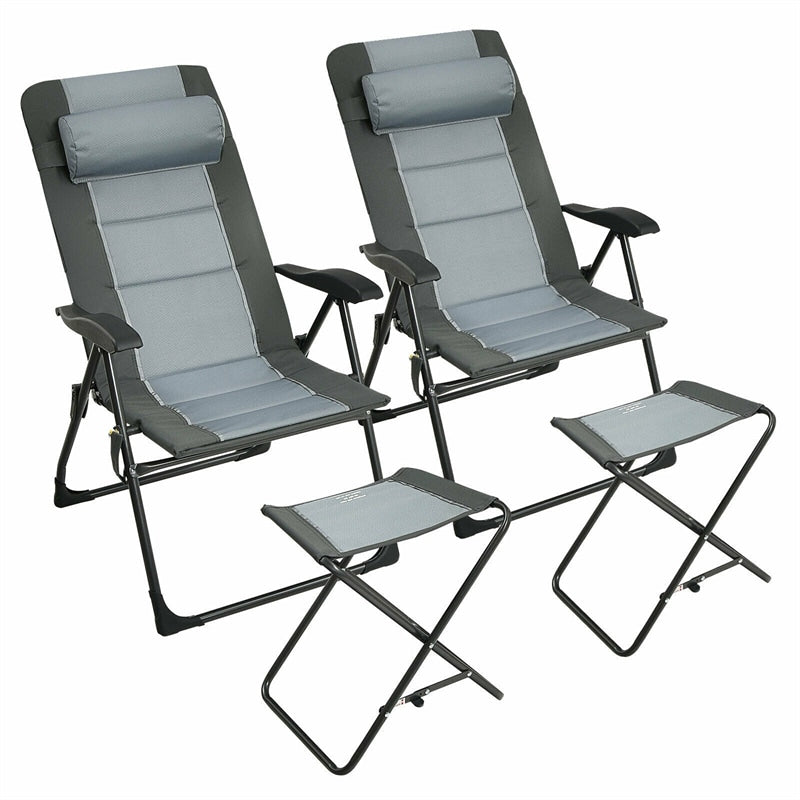 4 Pcs Folding Patio Chair Footstools Set Reclining Outdoor Chair with 7-Position Adjustable Backrest Headrest Mesh Bag