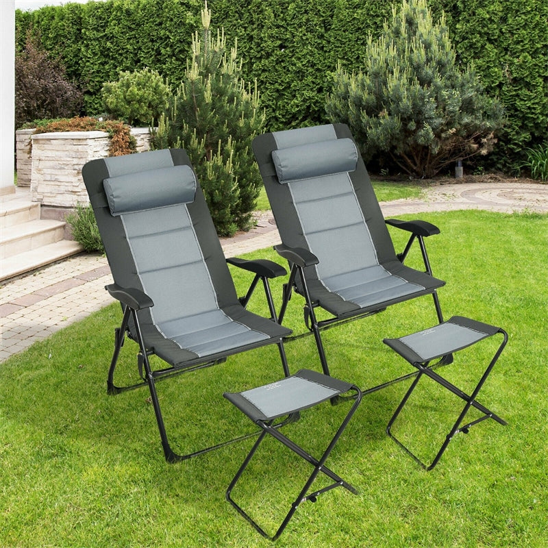 4 Pcs Folding Patio Chair Footstools Set Reclining Outdoor Chair with 7-Position Adjustable Backrest Headrest Mesh Bag