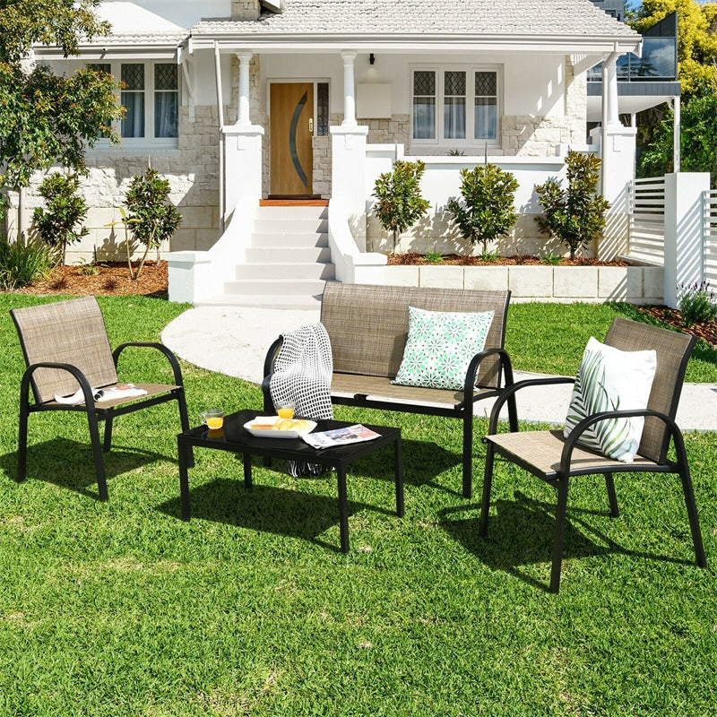 4 Pcs Patio Furniture Set Loveseat Sofa Table Steel Frame Garden Deck Conversation Set with Glass Top Coffee Table