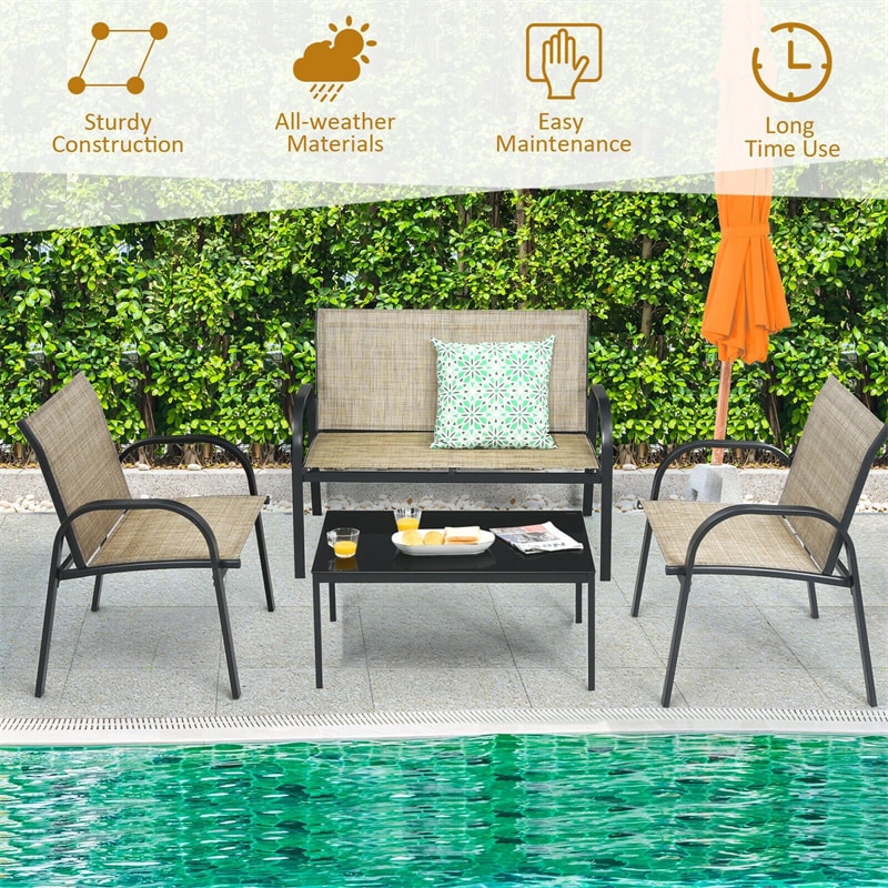 4 Pcs Patio Furniture Set Loveseat Sofa Table Steel Frame Garden Deck Conversation Set with Glass Top Coffee Table