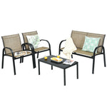 4 Pcs Patio Furniture Set Loveseat Sofa Table Steel Frame Garden Deck Conversation Set with Glass Top Coffee Table