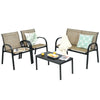 4 Pcs Patio Furniture Set Loveseat Sofa Table Steel Frame Garden Deck Conversation Set with Glass Top Coffee Table