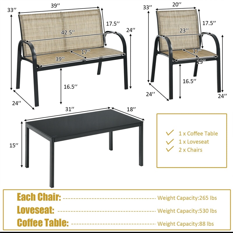 4 Pcs Patio Furniture Set Loveseat Sofa Table Steel Frame Garden Deck Conversation Set with Glass Top Coffee Table