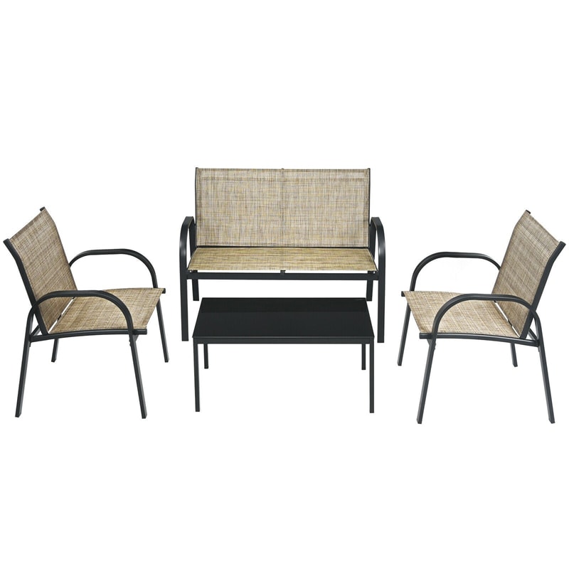 4 Pcs Patio Furniture Set Loveseat Sofa Table Steel Frame Garden Deck Conversation Set with Glass Top Coffee Table