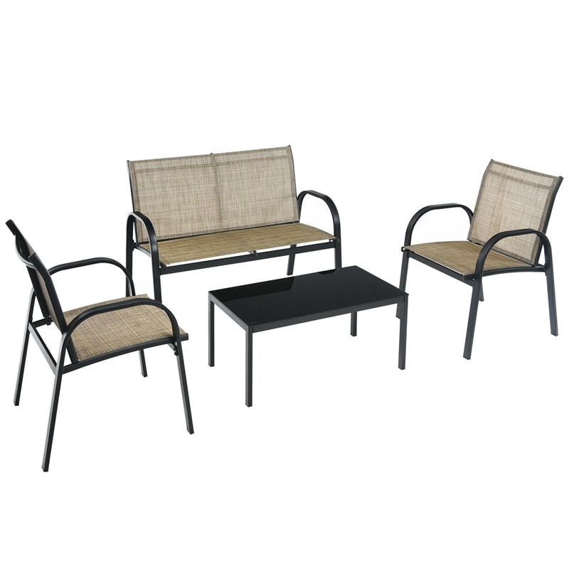 4 Pcs Patio Furniture Set Loveseat Sofa Table Steel Frame Garden Deck Conversation Set with Glass Top Coffee Table