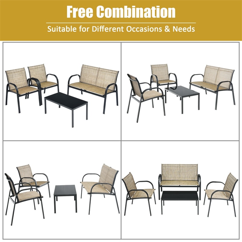 4 Pcs Patio Furniture Set Loveseat Sofa Table Steel Frame Garden Deck Conversation Set with Glass Top Coffee Table