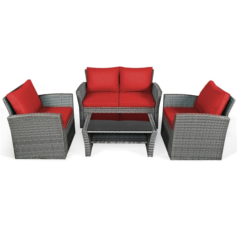 4PCS Patio Rattan Furniture Set Outdoor Conversation Set Wicker Sectional Loveseat Sofa with Cushions, Tempered Glass Table, Storage Shelf