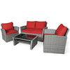 4PCS Patio Rattan Furniture Set Outdoor Conversation Set Wicker Sectional Loveseat Sofa with Cushions, Tempered Glass Table, Storage Shelf