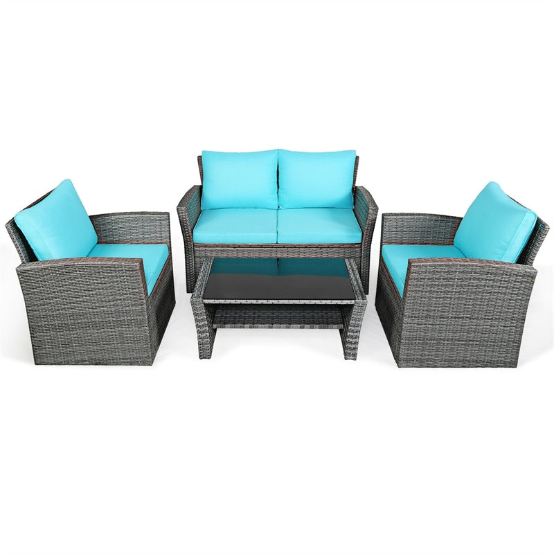 4PCS Patio Rattan Furniture Set Outdoor Conversation Set Wicker Sectional Loveseat Sofa with Cushions, Tempered Glass Table, Storage Shelf