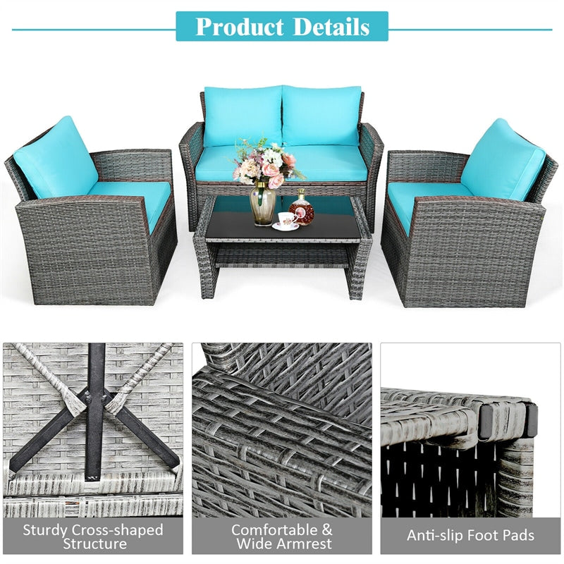 4PCS Patio Rattan Furniture Set Outdoor Conversation Set Wicker Sectional Loveseat Sofa with Cushions, Tempered Glass Table, Storage Shelf