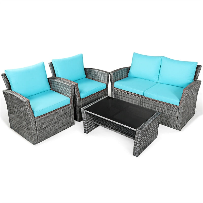 4PCS Patio Rattan Furniture Set Outdoor Conversation Set Wicker Sectional Loveseat Sofa with Cushions, Tempered Glass Table, Storage Shelf