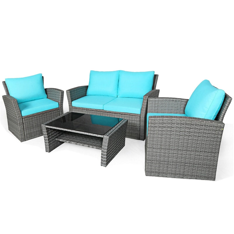 4PCS Patio Rattan Furniture Set Outdoor Conversation Set Wicker Sectional Loveseat Sofa with Cushions, Tempered Glass Table, Storage Shelf