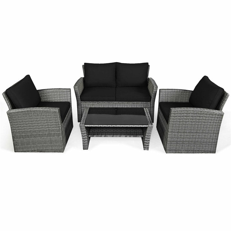 4PCS Patio Rattan Furniture Set Outdoor Conversation Set Wicker Sectional Loveseat Sofa with Cushions, Tempered Glass Table, Storage Shelf