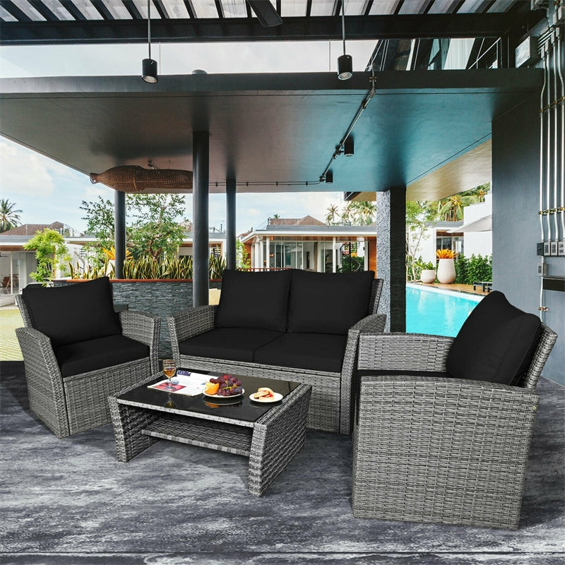 4PCS Patio Rattan Furniture Set Outdoor Conversation Set Wicker Sectional Loveseat Sofa with Cushions, Tempered Glass Table, Storage Shelf