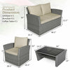 4PCS Patio Rattan Furniture Set Outdoor Conversation Set Wicker Sectional Loveseat Sofa with Cushions, Tempered Glass Table, Storage Shelf