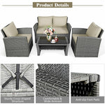 4PCS Patio Rattan Furniture Set Outdoor Conversation Set Wicker Sectional Loveseat Sofa with Cushions, Tempered Glass Table, Storage Shelf