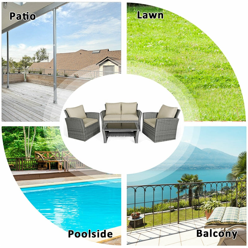 4PCS Patio Rattan Furniture Set Outdoor Conversation Set Wicker Sectional Loveseat Sofa with Cushions, Tempered Glass Table, Storage Shelf