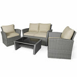 4PCS Patio Rattan Furniture Set Outdoor Conversation Set Wicker Sectional Loveseat Sofa with Cushions, Tempered Glass Table, Storage Shelf