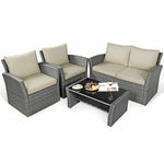 4PCS Patio Rattan Furniture Set Outdoor Conversation Set Wicker Sectional Loveseat Sofa with Cushions, Tempered Glass Table, Storage Shelf