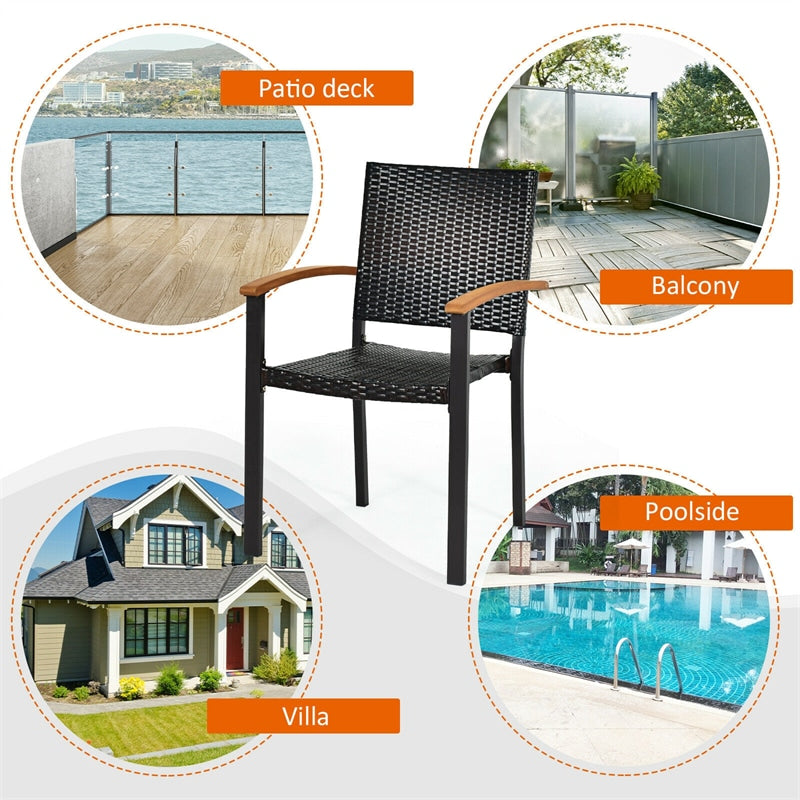 4 Pcs Wicker Stackable Outdoor Chairs Rattan Patio Dining Chairs with Galvanized Steel Frame & Acacia Wood Armrests