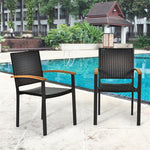 4 Pcs Wicker Stackable Outdoor Chairs Rattan Patio Dining Chairs with Galvanized Steel Frame & Acacia Wood Armrests