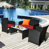 4 Pcs Wicker Patio Conversation Set Outdoor Rattan Sofa Table Set with Cushions