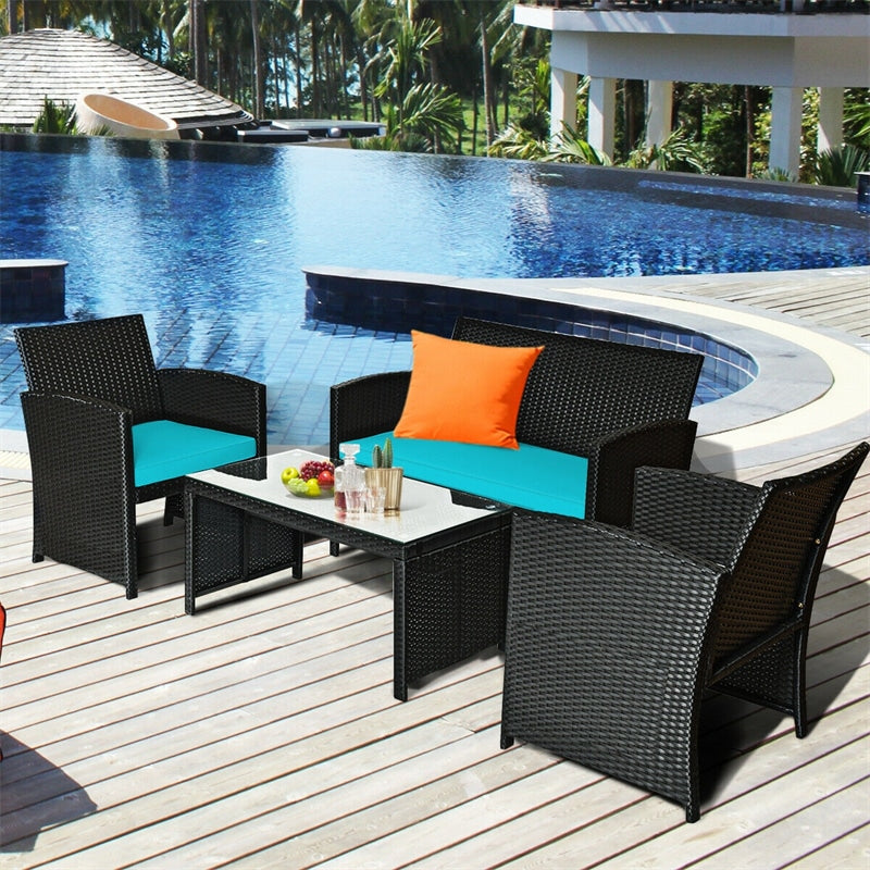 4 Pcs Wicker Patio Conversation Set Outdoor Rattan Sofa Table Set with Cushions