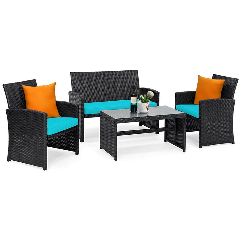 4 Pcs Wicker Patio Conversation Set Outdoor Rattan Sofa Table Set with Cushions