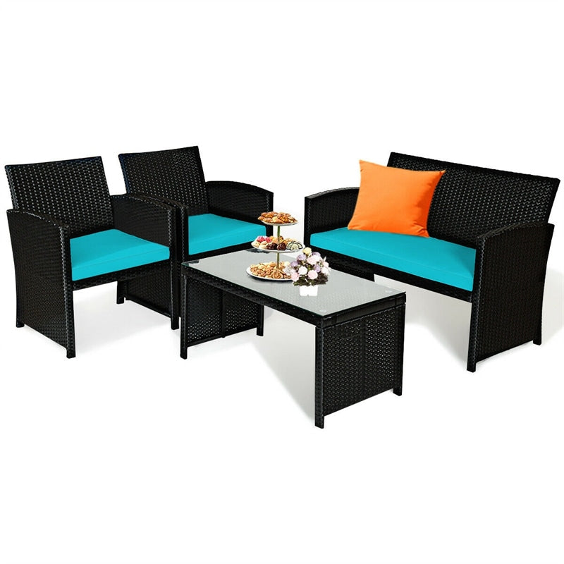 4 Pcs Wicker Patio Conversation Set Outdoor Rattan Sofa Table Set with Cushions