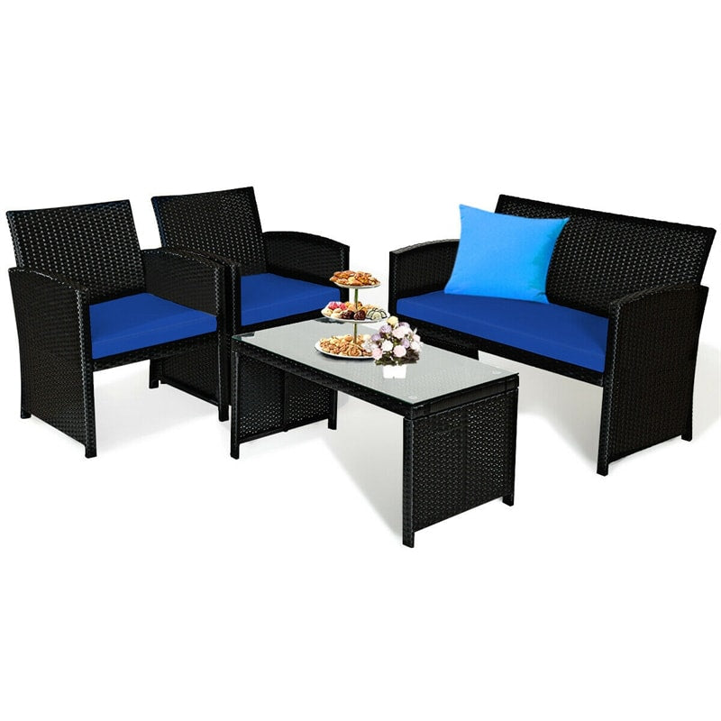 4 Pcs Wicker Patio Conversation Set Outdoor Rattan Sofa Table Set with Cushions